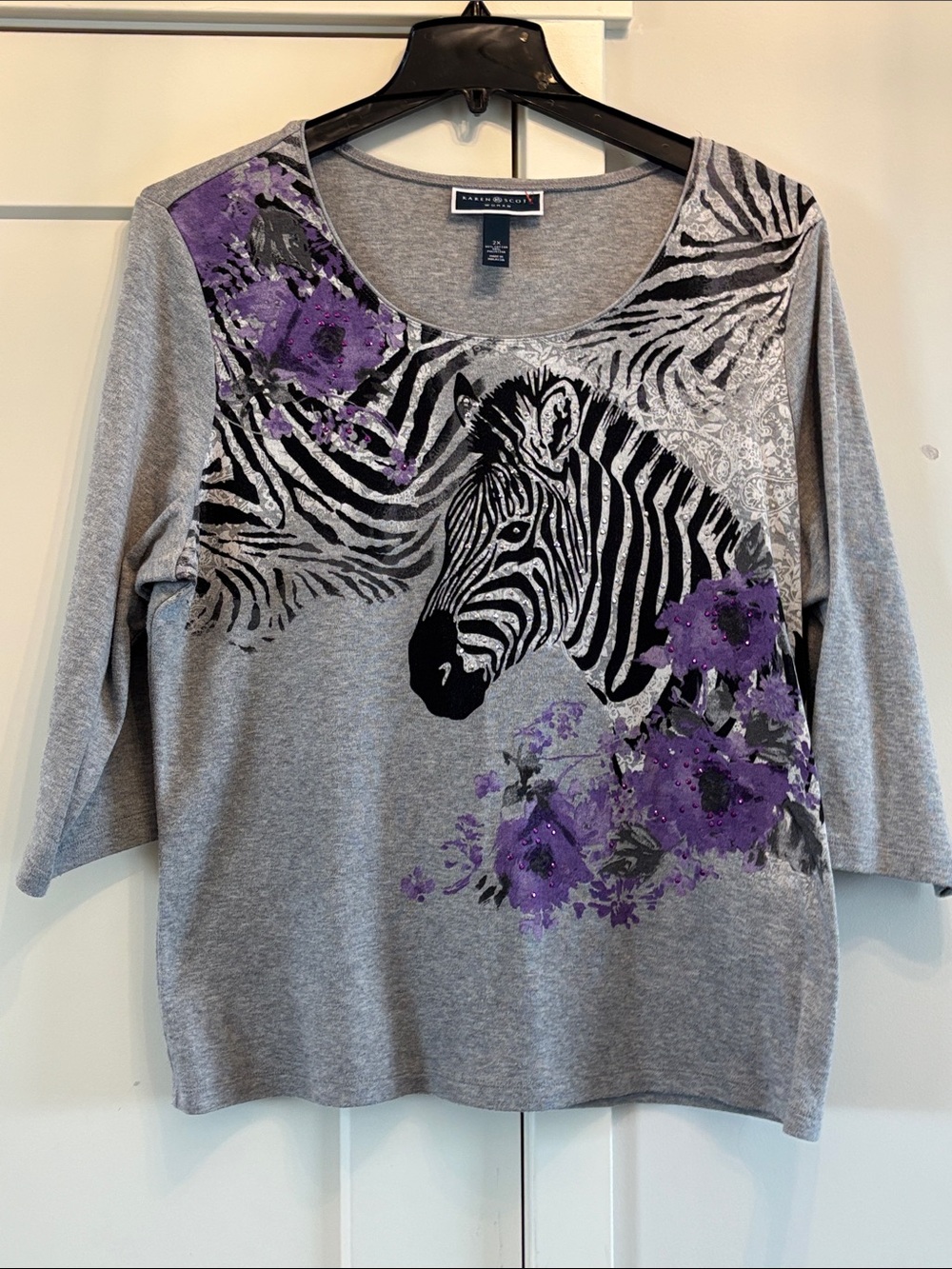 Karen Scott Gray Tee with Zebra Graphic and Purple Floral Accents